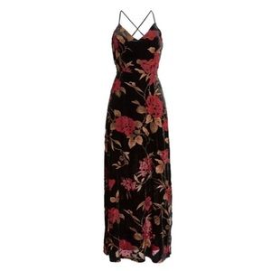Black Velvet Floral Print Maxi Dress